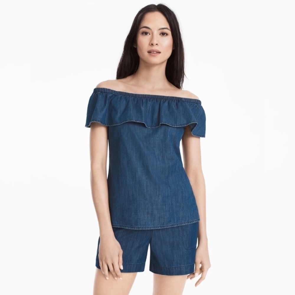 New with Tags- WHITE HOUSE BLACK MARKET Blue Ruffle Top Blouse size medium